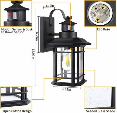 LED Single Head Motion Sensor Glass Outdoor Waterproof Wall Light