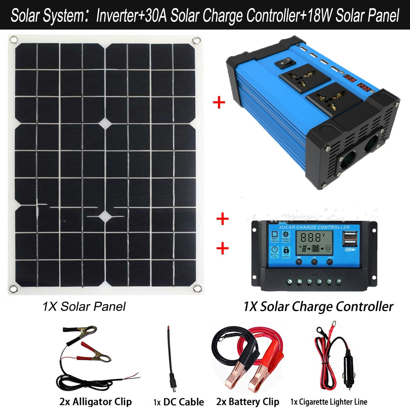 300W Solar Suit System 12V Inverter 30A Controller 18W Solar Panel