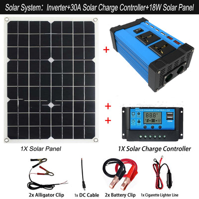 300W Solar Suit System 12V Inverter 30A Controller 18W Solar Panel
